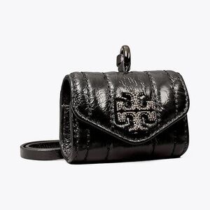 Tory Burch Black Quilted Patent Leather Kira Metallic Pave Logo AirPod Case